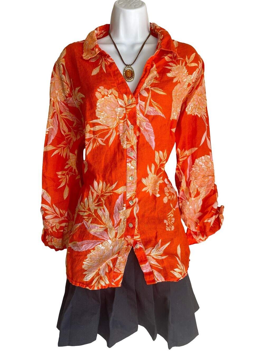 Vintage Cynthia Rowley Plus 2X Linen Orange Floral Button Up Blouse Tunic Boho